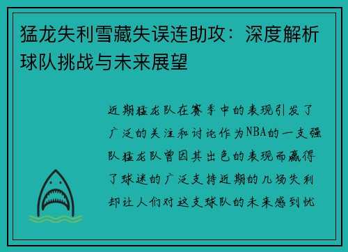 猛龙失利雪藏失误连助攻：深度解析球队挑战与未来展望