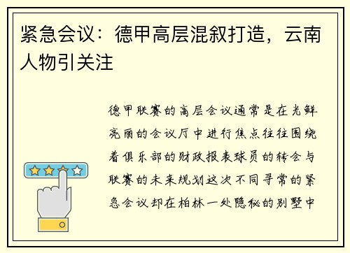 紧急会议：德甲高层混叙打造，云南人物引关注
